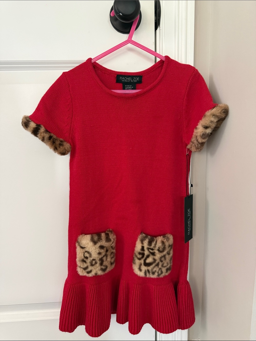 Rachel Zoe Red Knit Dress with Leopard Trim Pockets & Sleeves